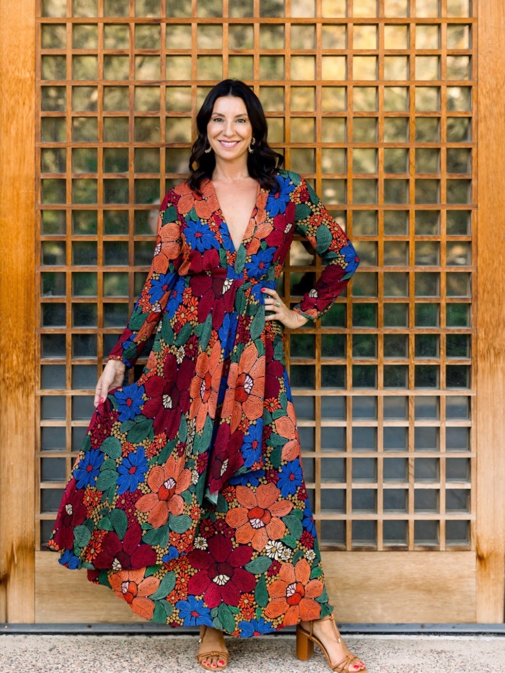 Farm Rio Stitched Flowers V Neck Midi Dress Floral Mutlicolor Medium - Picture 2 of 11